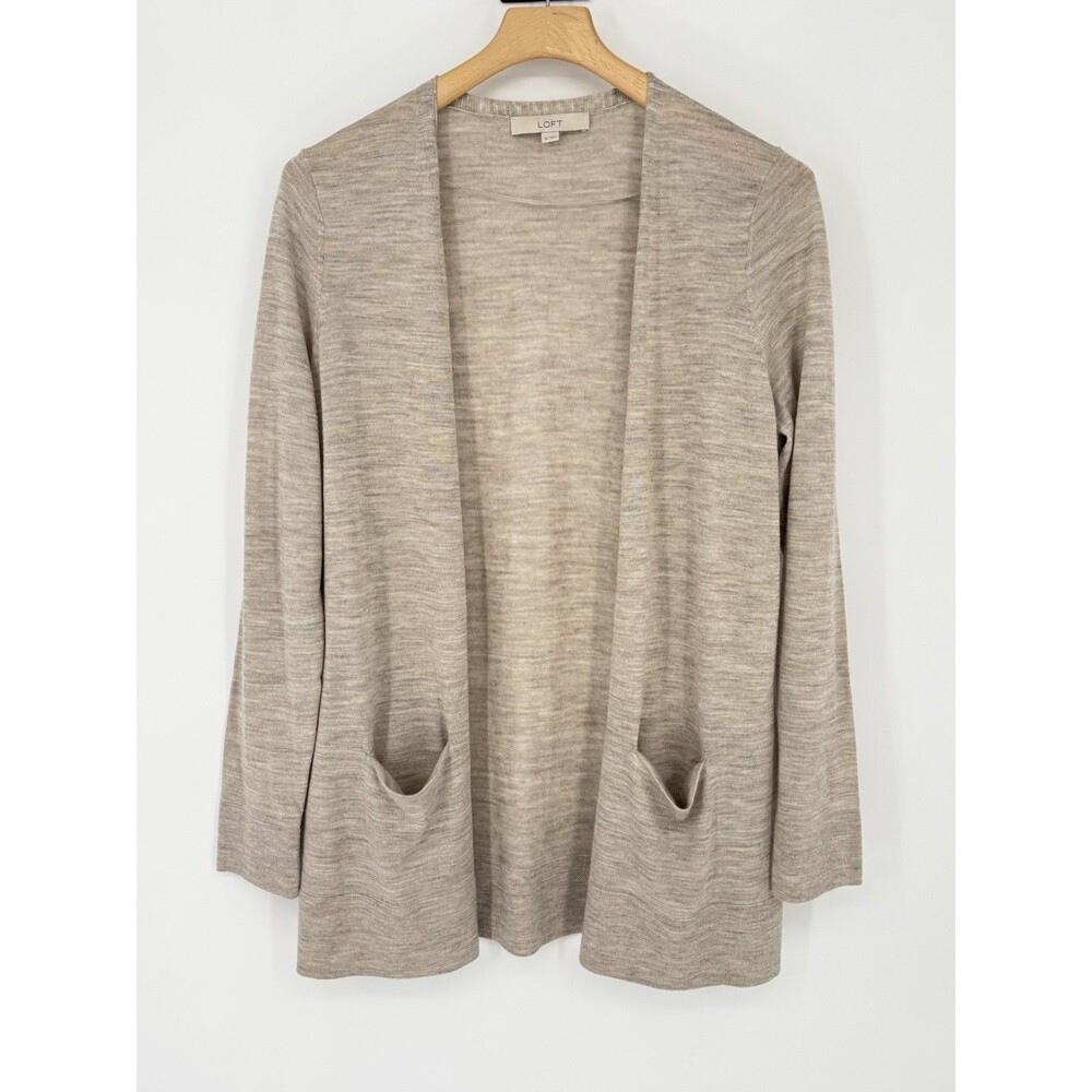 LOFT Womens sz Large Sweater‎ Wool Blend Beige Long Sleeve Open Cardigan Basic
